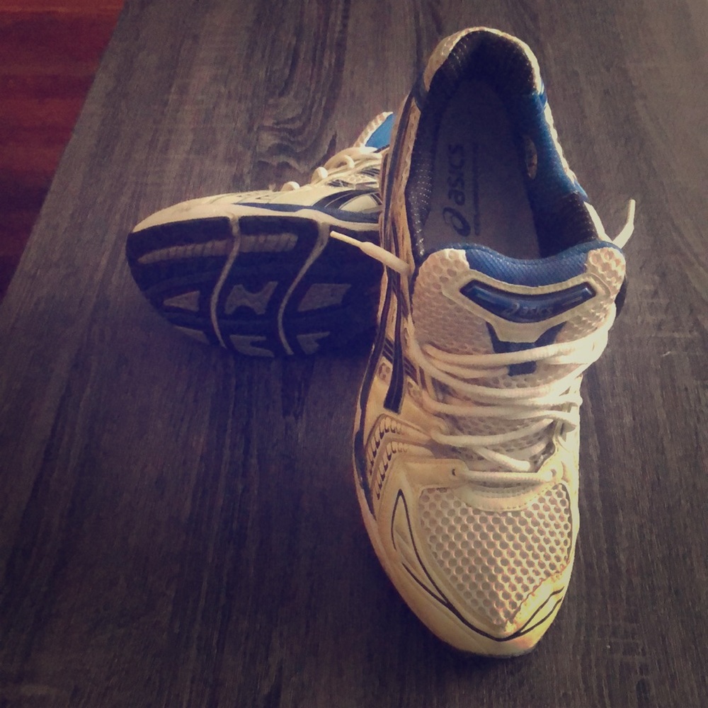 ASICS Gel Kayano 14 white and blue running shoes